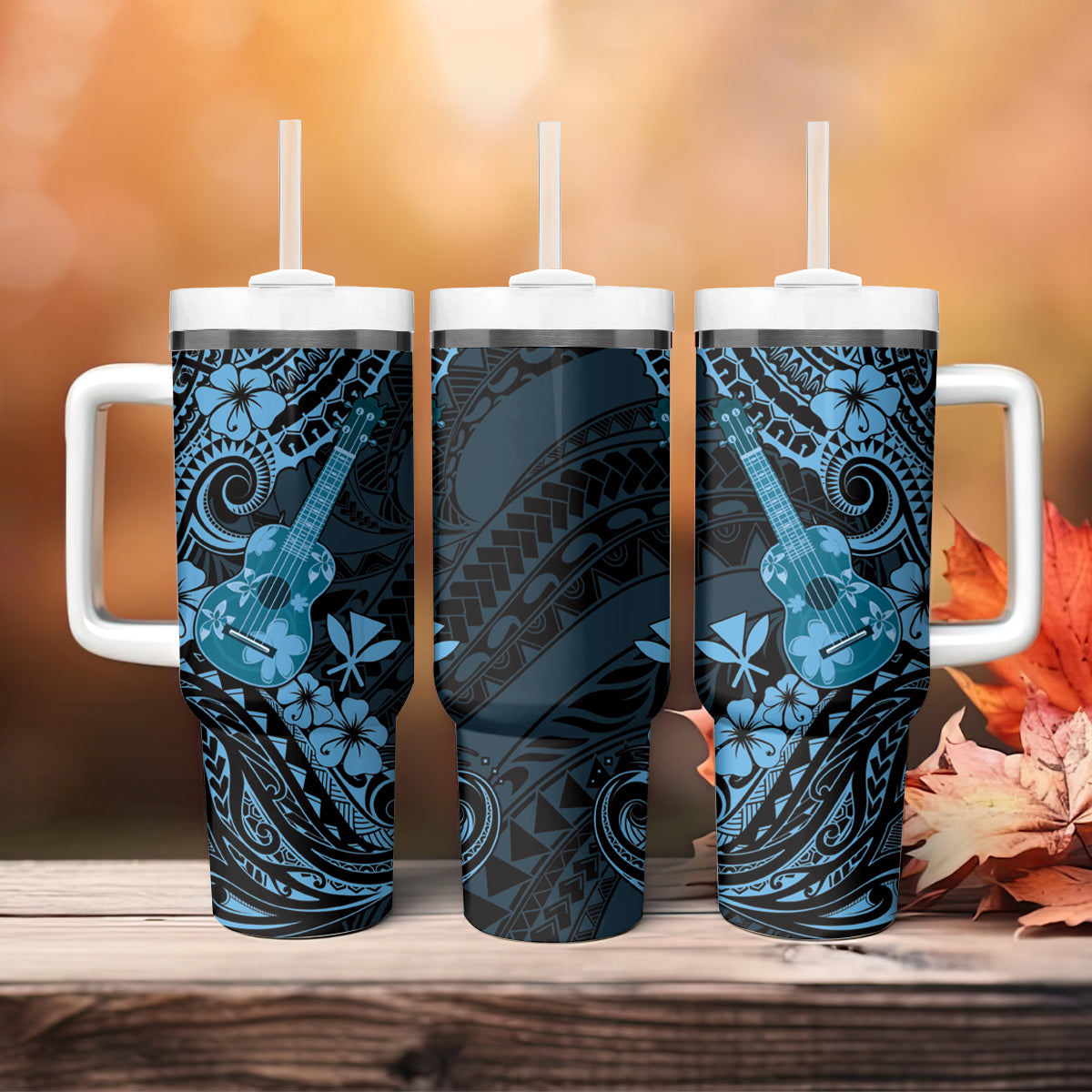 Hawaii Ukulele Tumbler With Handle Polynesian Pattern Sky Blue Version LT01 - Polynesian Pride