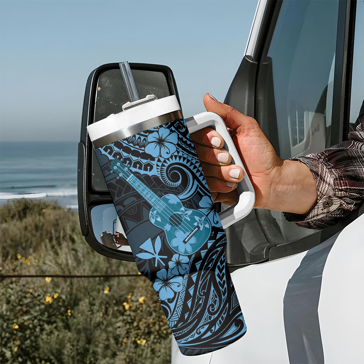 Hawaii Ukulele Tumbler With Handle Polynesian Pattern Sky Blue Version LT01 - Polynesian Pride