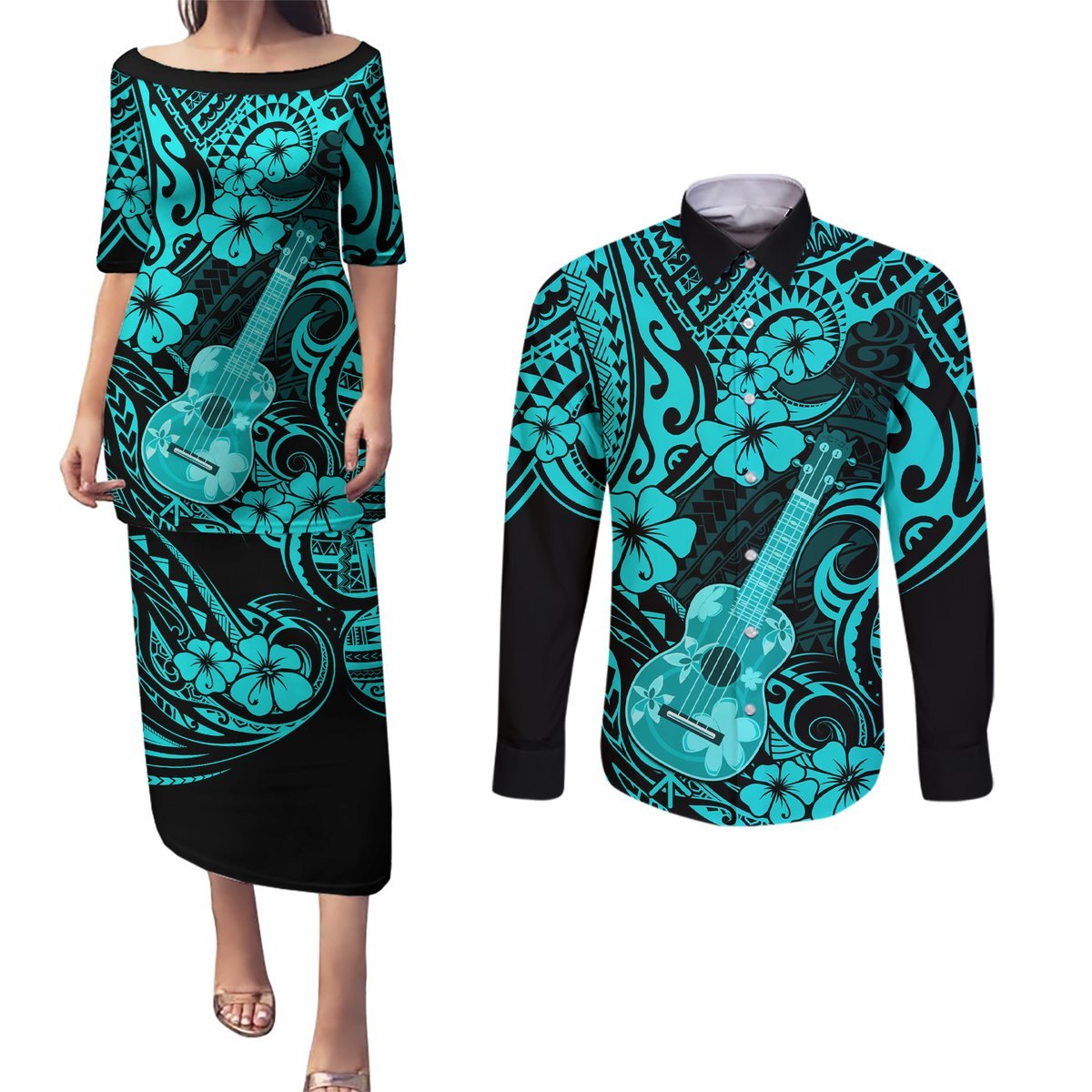 Hawaii Ukulele Couples Matching Puletasi Dress and Long Sleeve Button Shirts Polynesian Pattern Turquoise Version LT01 Turquoise - Polynesian Pride