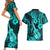 Hawaii Ukulele Couples Matching Short Sleeve Bodycon Dress and Hawaiian Shirt Polynesian Pattern Turquoise Version LT01 - Polynesian Pride