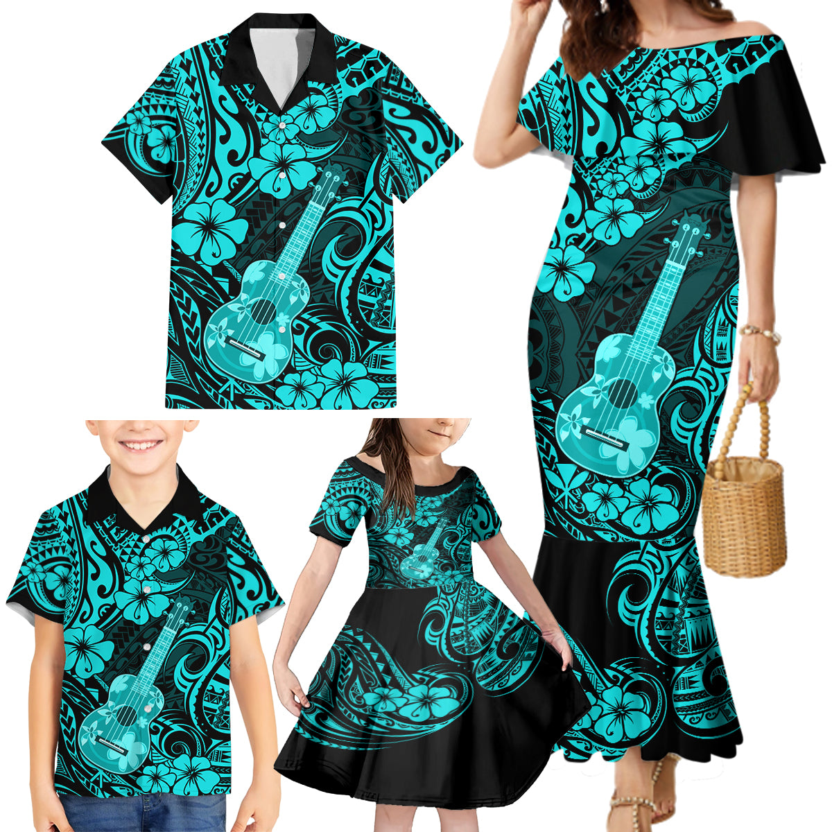 Hawaii Ukulele Family Matching Mermaid Dress and Hawaiian Shirt Polynesian Pattern Turquoise Version LT01 - Polynesian Pride