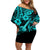 Hawaii Ukulele Family Matching Off Shoulder Short Dress and Hawaiian Shirt Polynesian Pattern Turquoise Version LT01 Mom's Dress Turquoise - Polynesian Pride