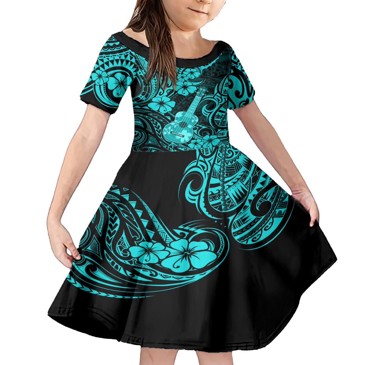 Hawaii Ukulele Kid Short Sleeve Dress Polynesian Pattern Turquoise Version LT01 KID Turquoise - Polynesian Pride