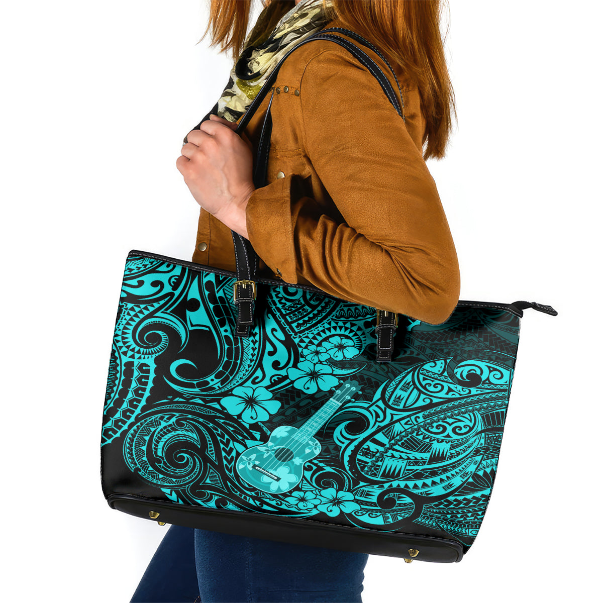 Hawaii Ukulele Leather Tote Bag Polynesian Pattern Turquoise Version LT01 Turquoise - Polynesian Pride