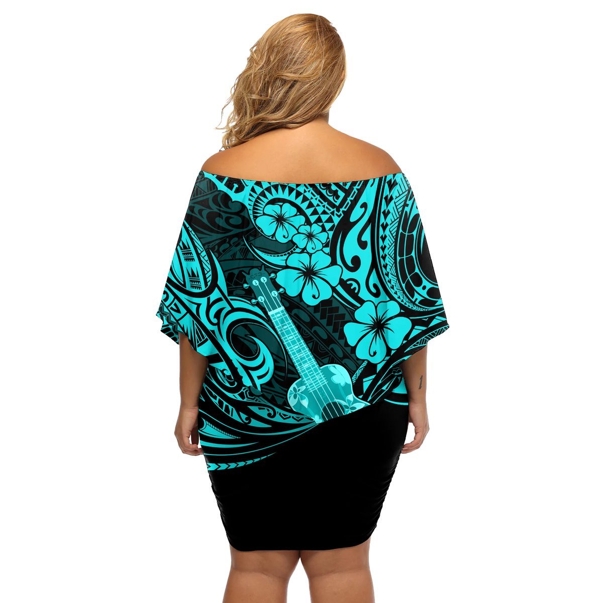 Hawaii Ukulele Off Shoulder Short Dress Polynesian Pattern Turquoise Version LT01 - Polynesian Pride