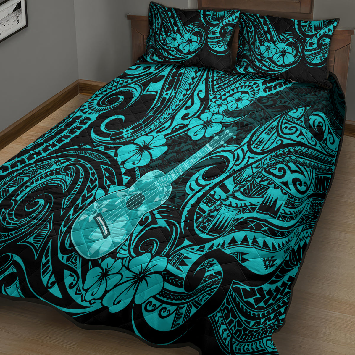 Hawaii Ukulele Quilt Bed Set Polynesian Pattern Turquoise Version LT01 - Polynesian Pride