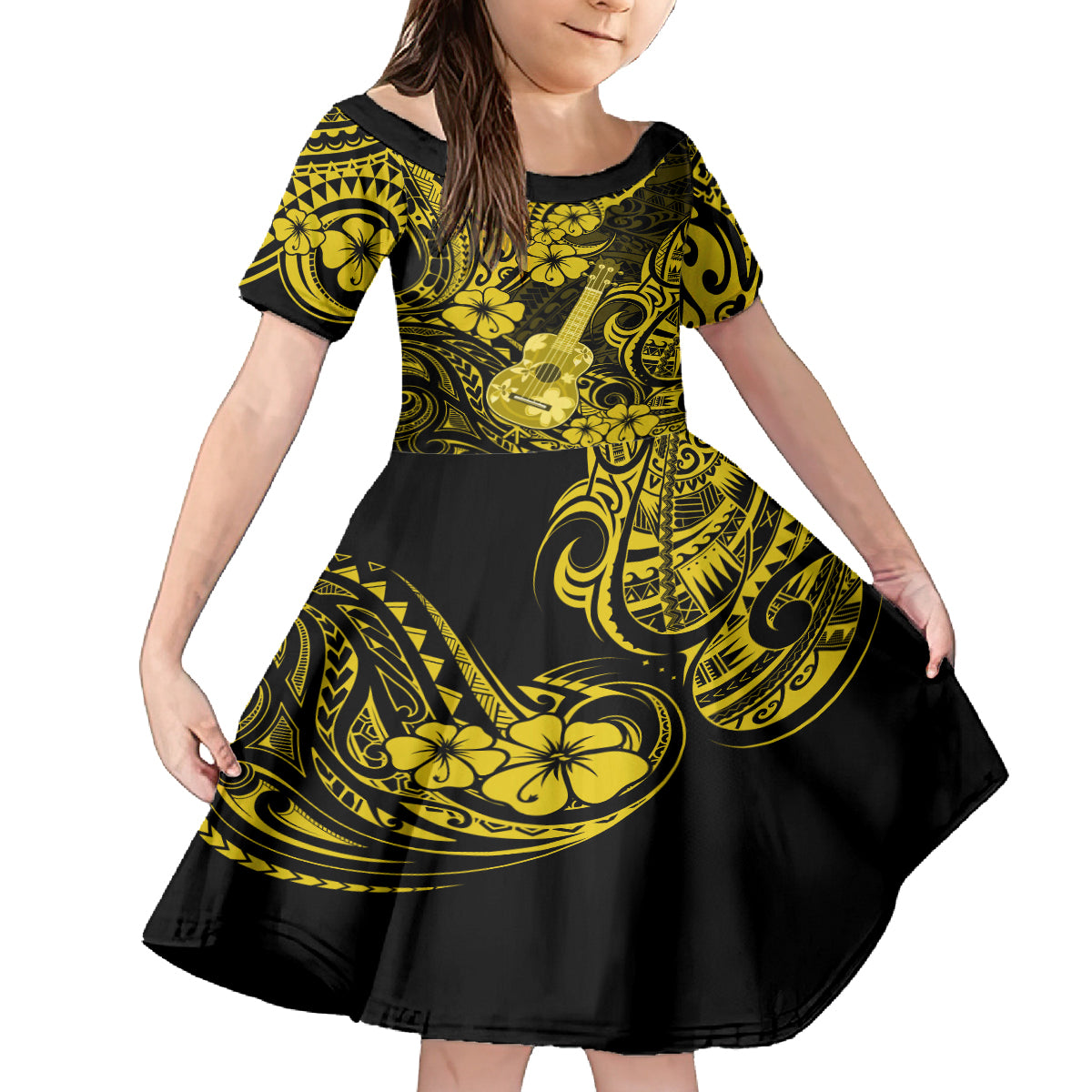 Hawaii Ukulele Kid Short Sleeve Dress Polynesian Pattern Yellow Version LT01 KID Yellow - Polynesian Pride