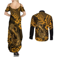 Hawaii Fish Hook Couples Matching Summer Maxi Dress and Long Sleeve Button Shirts Polynesian Pattern Gold Version LT01 - Polynesian Pride