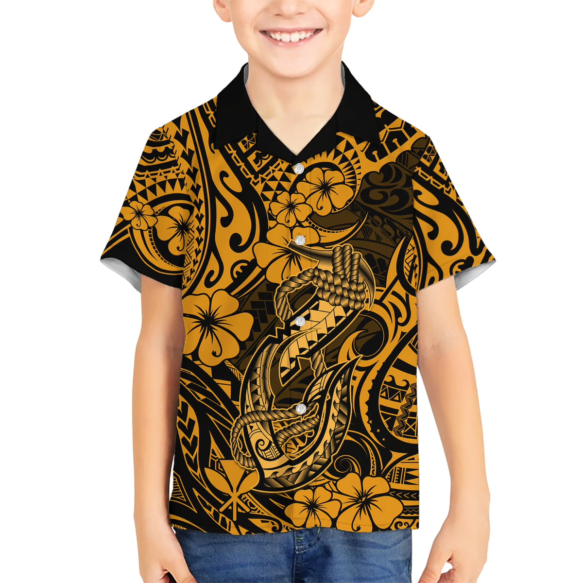 Hawaii Fish Hook Kid Hawaiian Shirt Polynesian Pattern Gold Version LT01 Kid Gold - Polynesian Pride