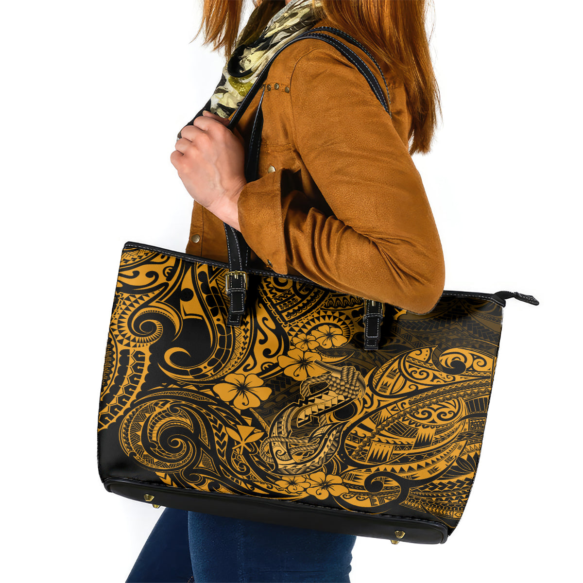 Hawaii Fish Hook Leather Tote Bag Polynesian Pattern Gold Version LT01 Gold - Polynesian Pride