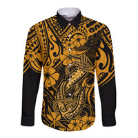 Hawaii Fish Hook Long Sleeve Button Shirt Polynesian Pattern Gold Version LT01 Unisex Gold - Polynesian Pride