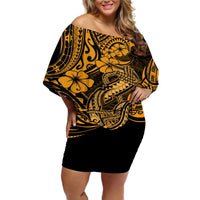 Hawaii Fish Hook Off Shoulder Short Dress Polynesian Pattern Gold Version LT01 Women Gold - Polynesian Pride