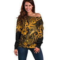 Hawaii Fish Hook Off Shoulder Sweater Polynesian Pattern Gold Version LT01 Women Gold - Polynesian Pride