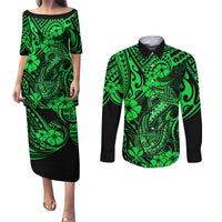 Hawaii Fish Hook Couples Matching Puletasi Dress and Long Sleeve Button Shirts Polynesian Pattern Green Version LT01 Green - Polynesian Pride