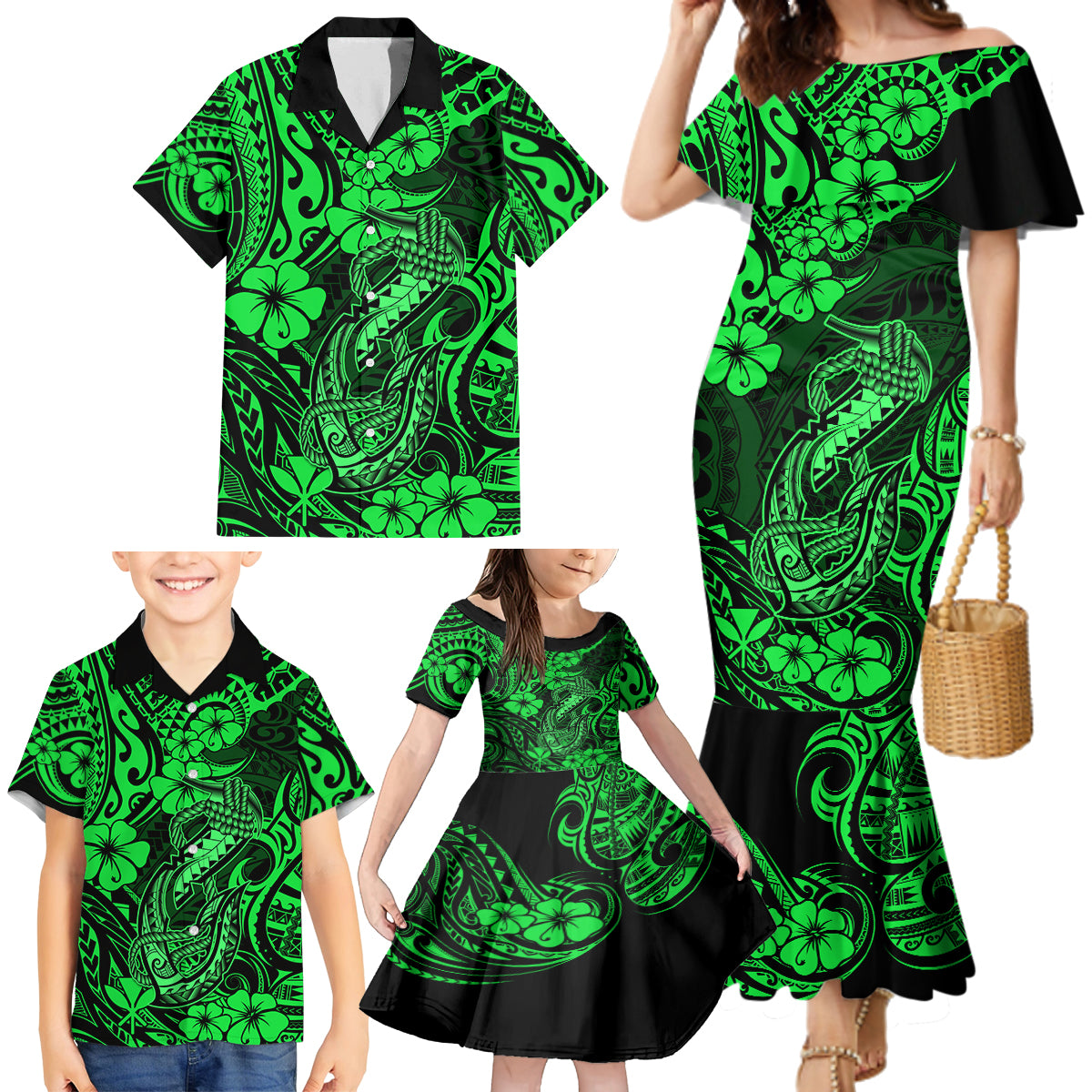 Hawaii Fish Hook Family Matching Mermaid Dress and Hawaiian Shirt Polynesian Pattern Green Version LT01 - Polynesian Pride