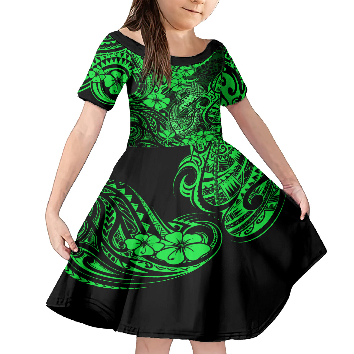 Hawaii Fish Hook Kid Short Sleeve Dress Polynesian Pattern Green Version LT01 KID Green - Polynesian Pride