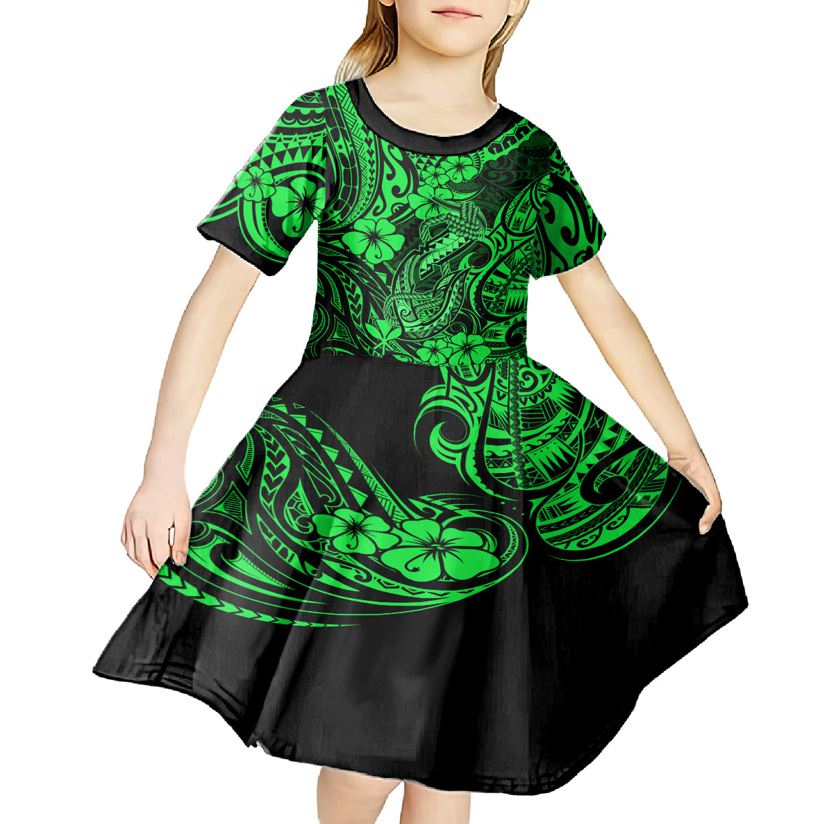 Hawaii Fish Hook Kid Short Sleeve Dress Polynesian Pattern Green Version LT01 - Polynesian Pride