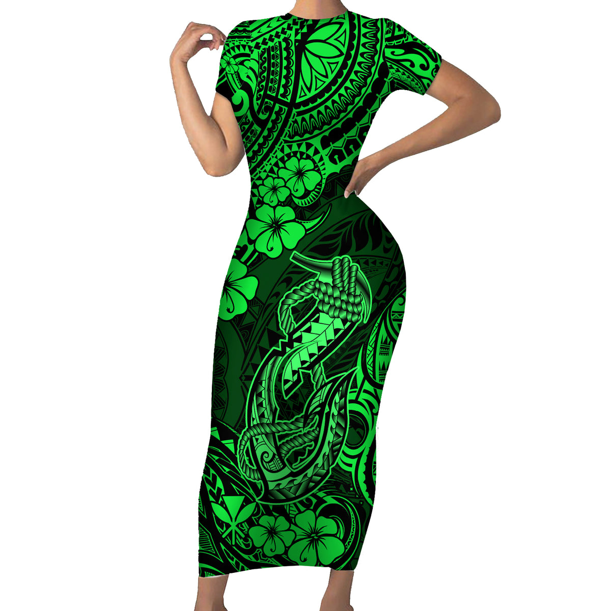 Hawaii Fish Hook Short Sleeve Bodycon Dress Polynesian Pattern Green Version LT01 Long Dress Green - Polynesian Pride