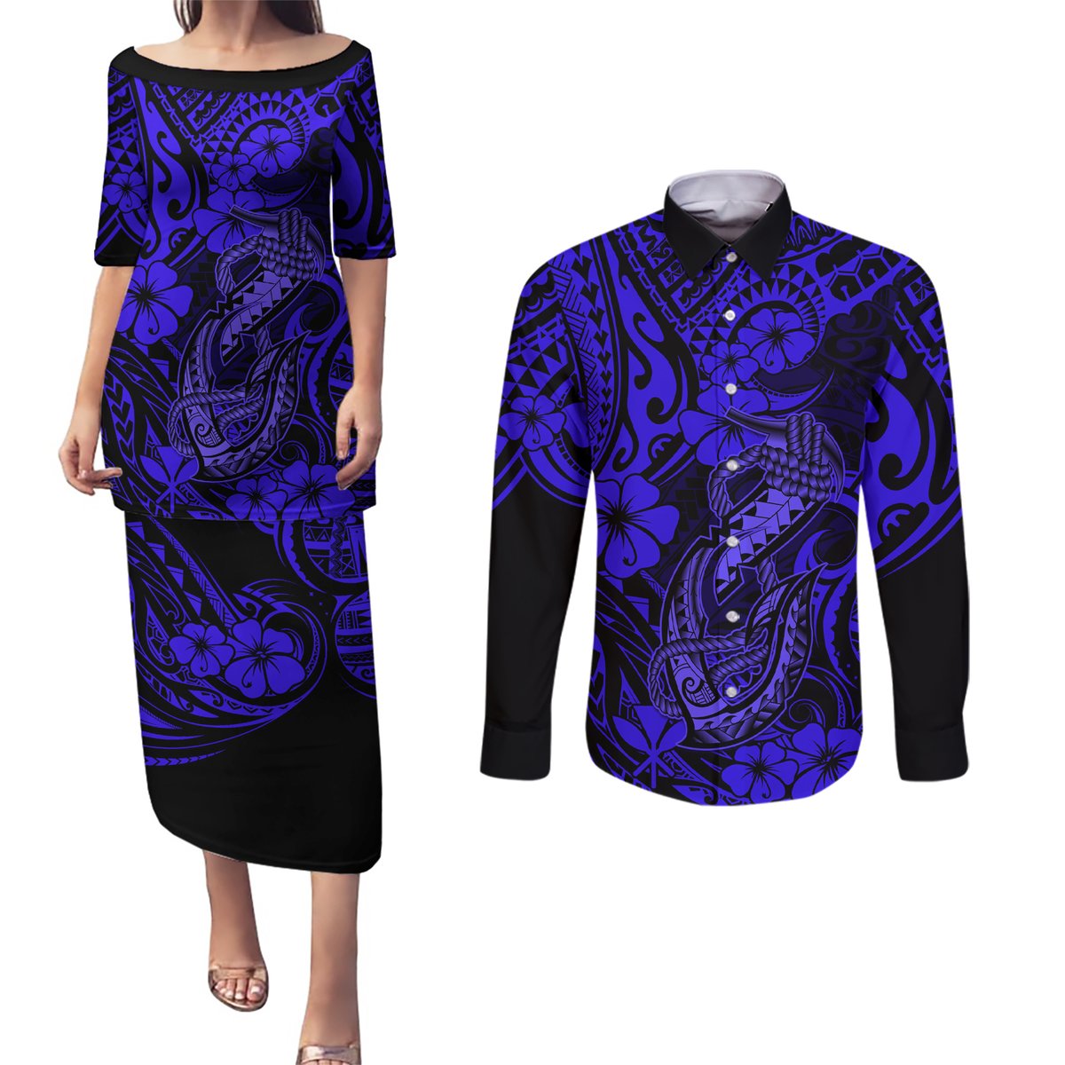 Hawaii Fish Hook Couples Matching Puletasi Dress and Long Sleeve Button Shirts Polynesian Pattern Navy Blue Version LT01 Blue - Polynesian Pride