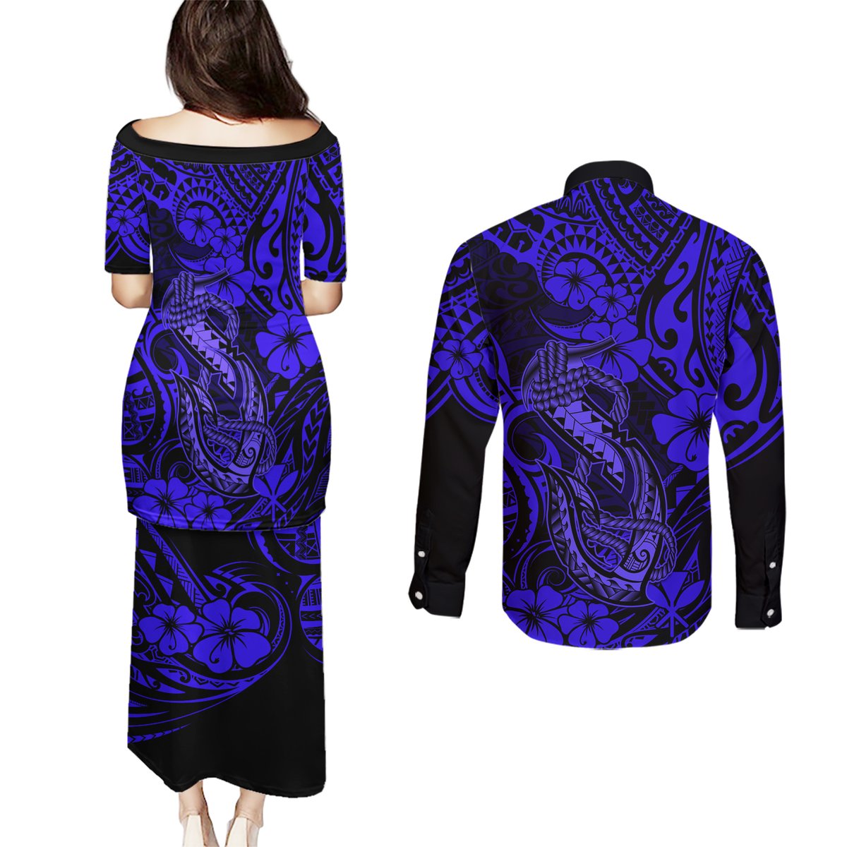 Hawaii Fish Hook Couples Matching Puletasi Dress and Long Sleeve Button Shirts Polynesian Pattern Navy Blue Version LT01 - Polynesian Pride