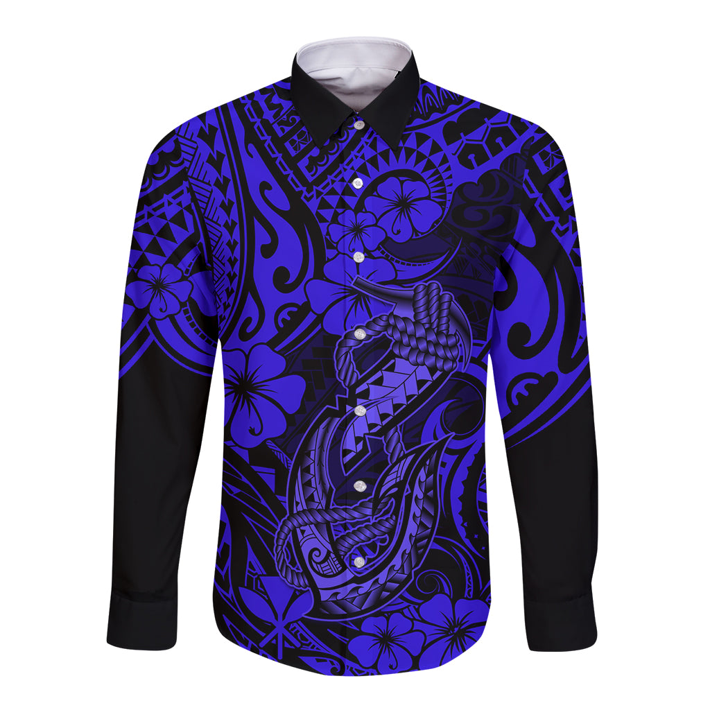 Hawaii Fish Hook Long Sleeve Button Shirt Polynesian Pattern Navy Blue Version LT01 Unisex Blue - Polynesian Pride