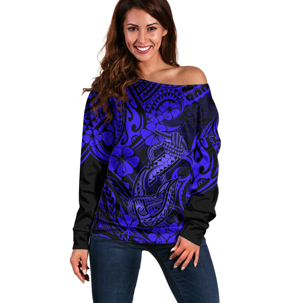 Hawaii Fish Hook Off Shoulder Sweater Polynesian Pattern Navy Blue Version LT01 Women Blue - Polynesian Pride