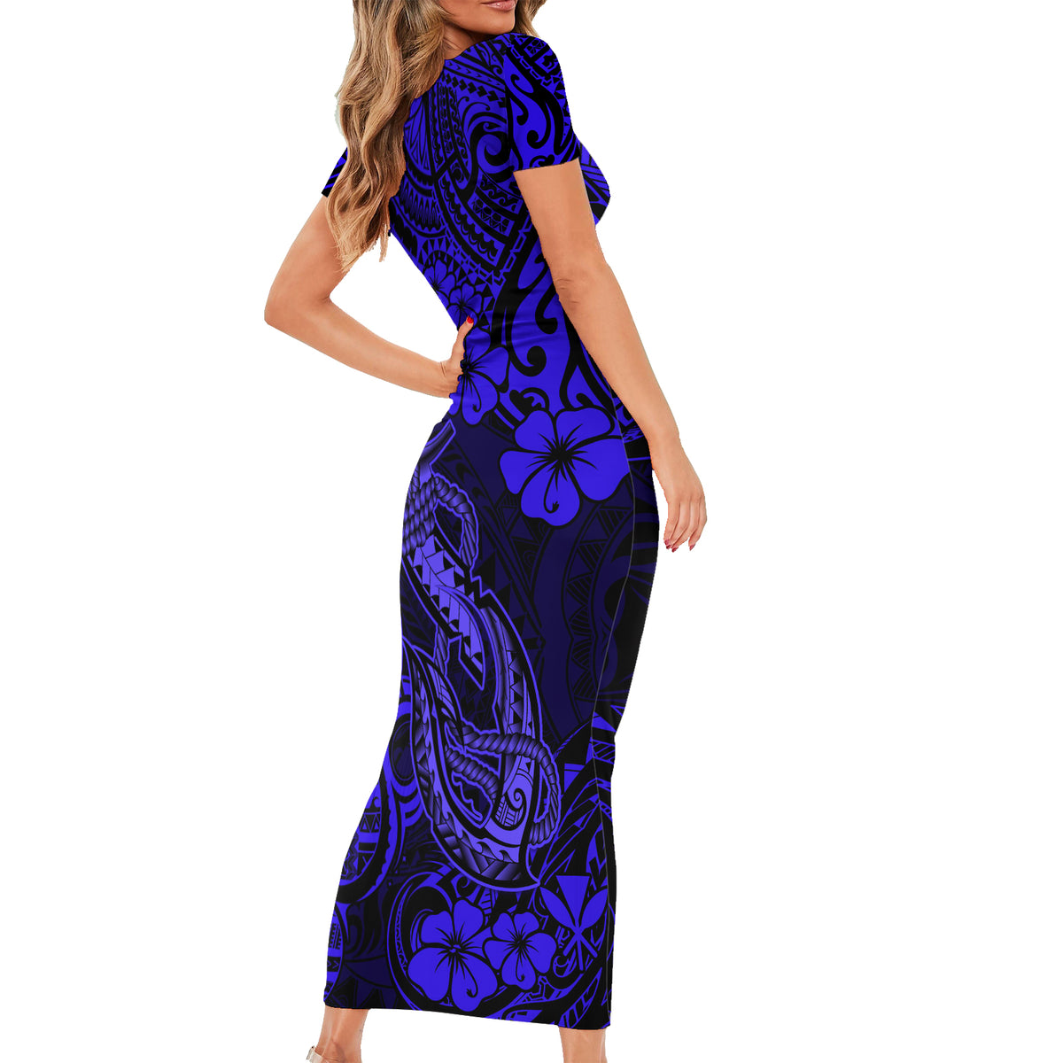 Hawaii Fish Hook Short Sleeve Bodycon Dress Polynesian Pattern Navy Blue Version LT01 - Polynesian Pride