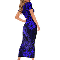 Hawaii Fish Hook Short Sleeve Bodycon Dress Polynesian Pattern Navy Blue Version LT01 - Polynesian Pride