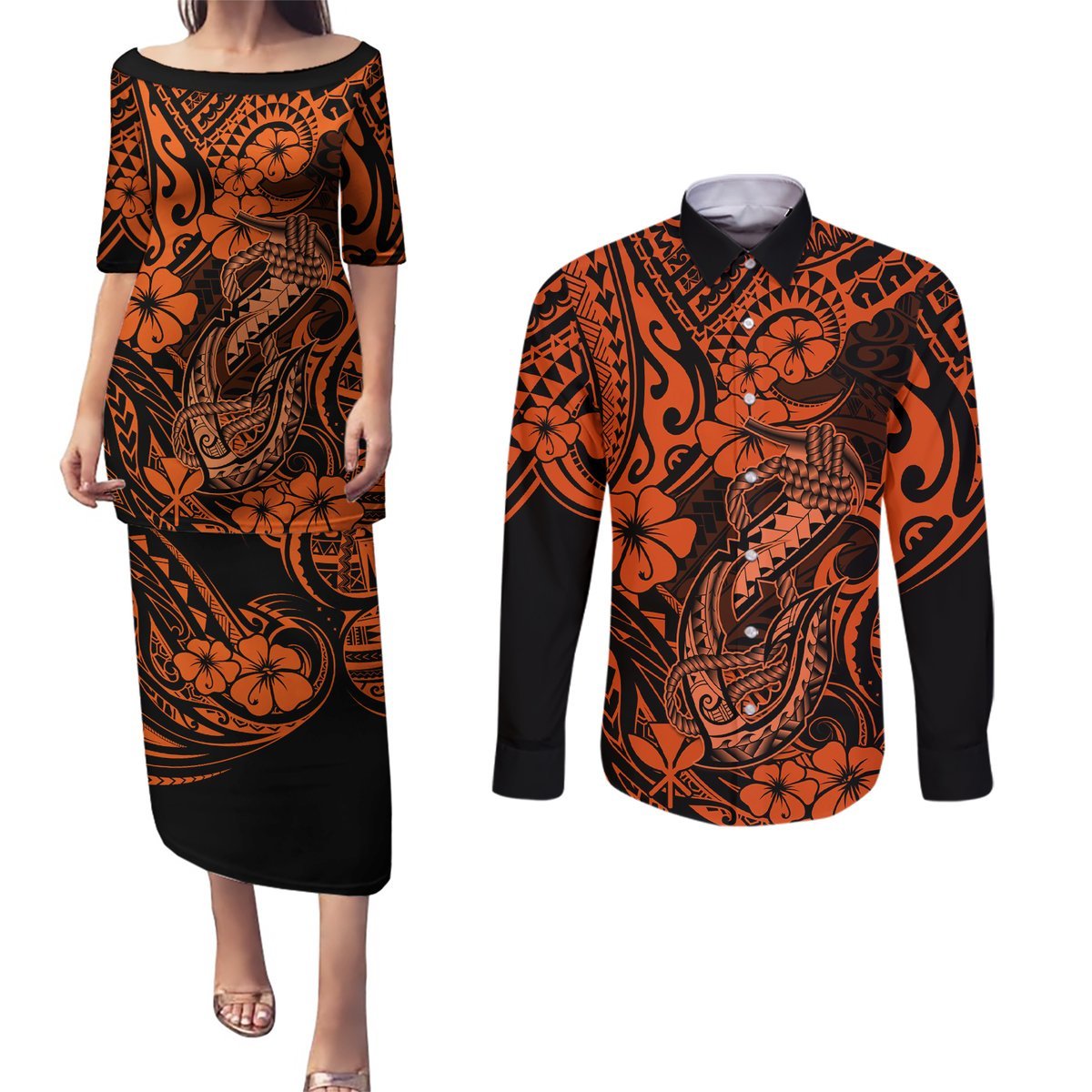 Hawaii Fish Hook Couples Matching Puletasi Dress and Long Sleeve Button Shirts Polynesian Pattern Orange Version LT01 Orange - Polynesian Pride
