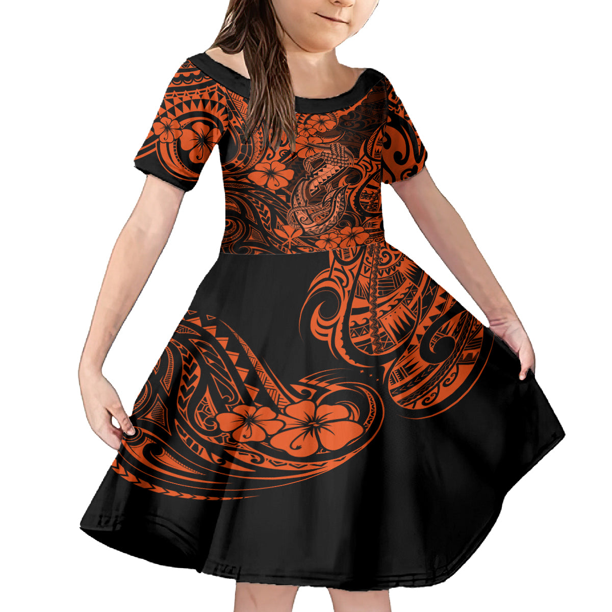 Hawaii Fish Hook Kid Short Sleeve Dress Polynesian Pattern Orange Version LT01 KID Orange - Polynesian Pride