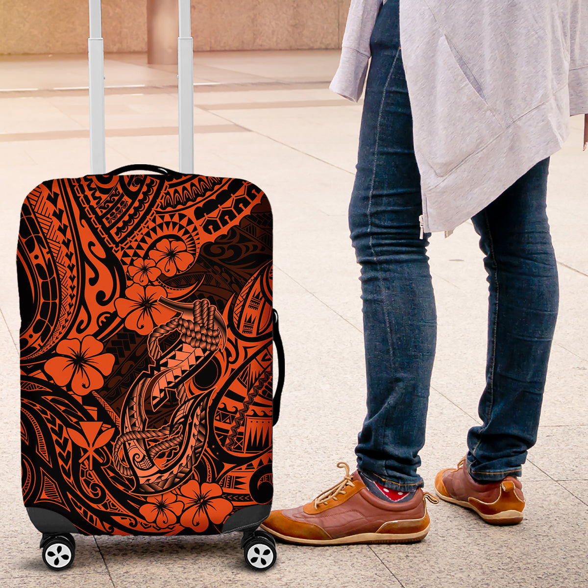 Hawaii Fish Hook Luggage Cover Polynesian Pattern Orange Version LT01 Orange - Polynesian Pride