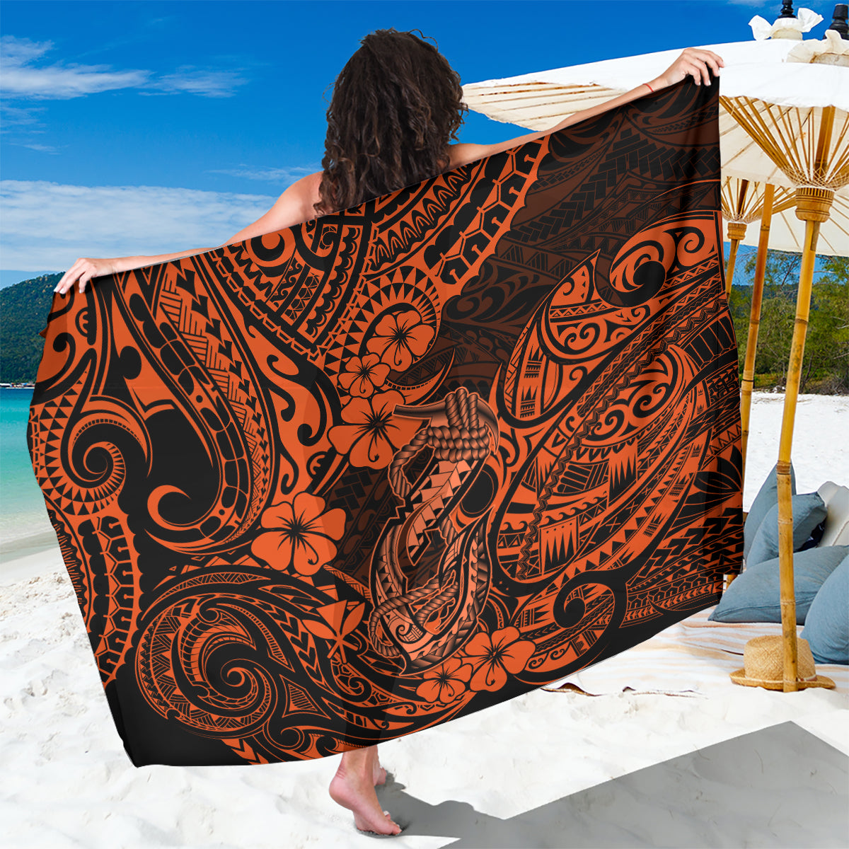 Hawaii Fish Hook Sarong Polynesian Pattern Orange Version LT01 One Size 44 x 66 inches Orange - Polynesian Pride