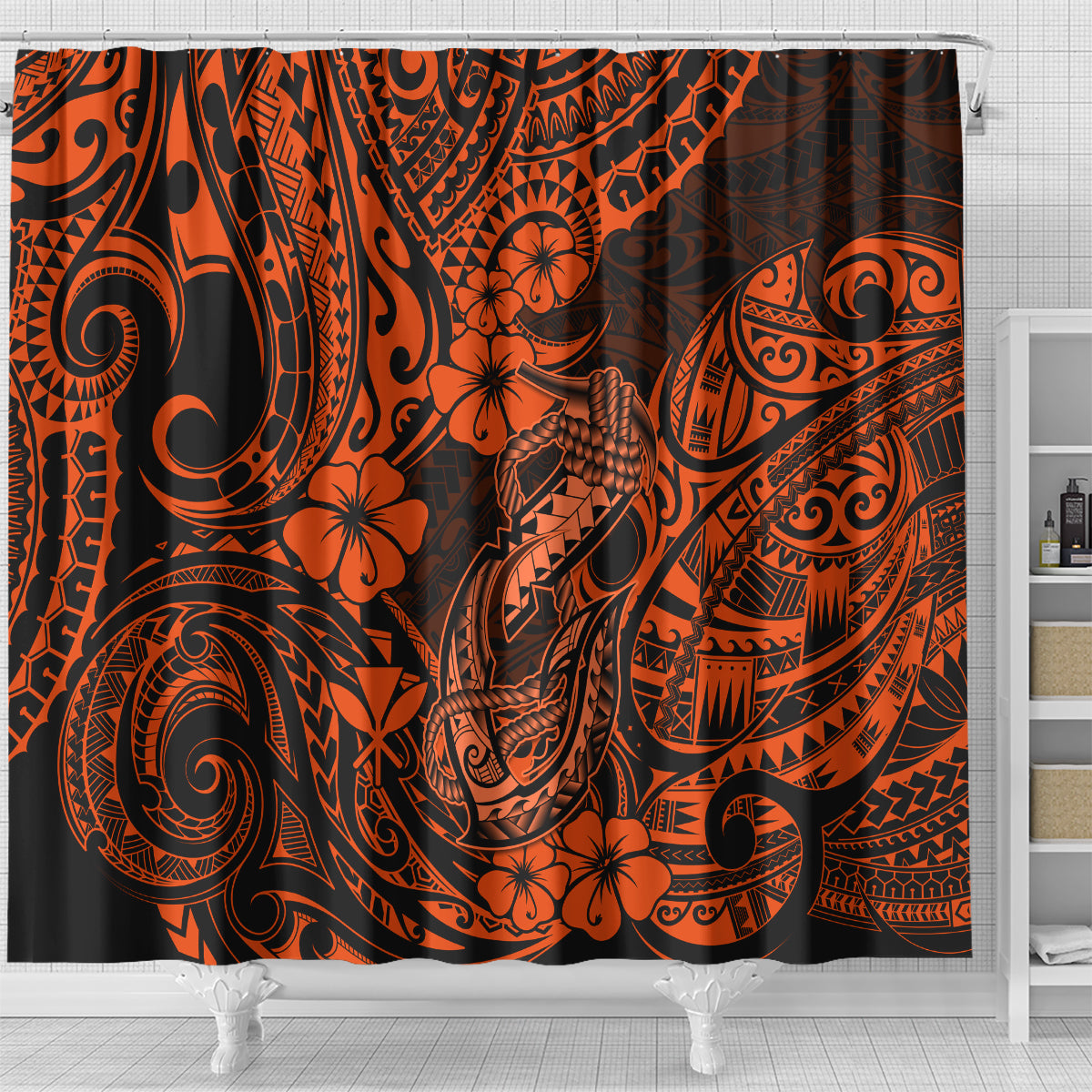 Hawaii Fish Hook Shower Curtain Polynesian Pattern Orange Version LT01 - Polynesian Pride