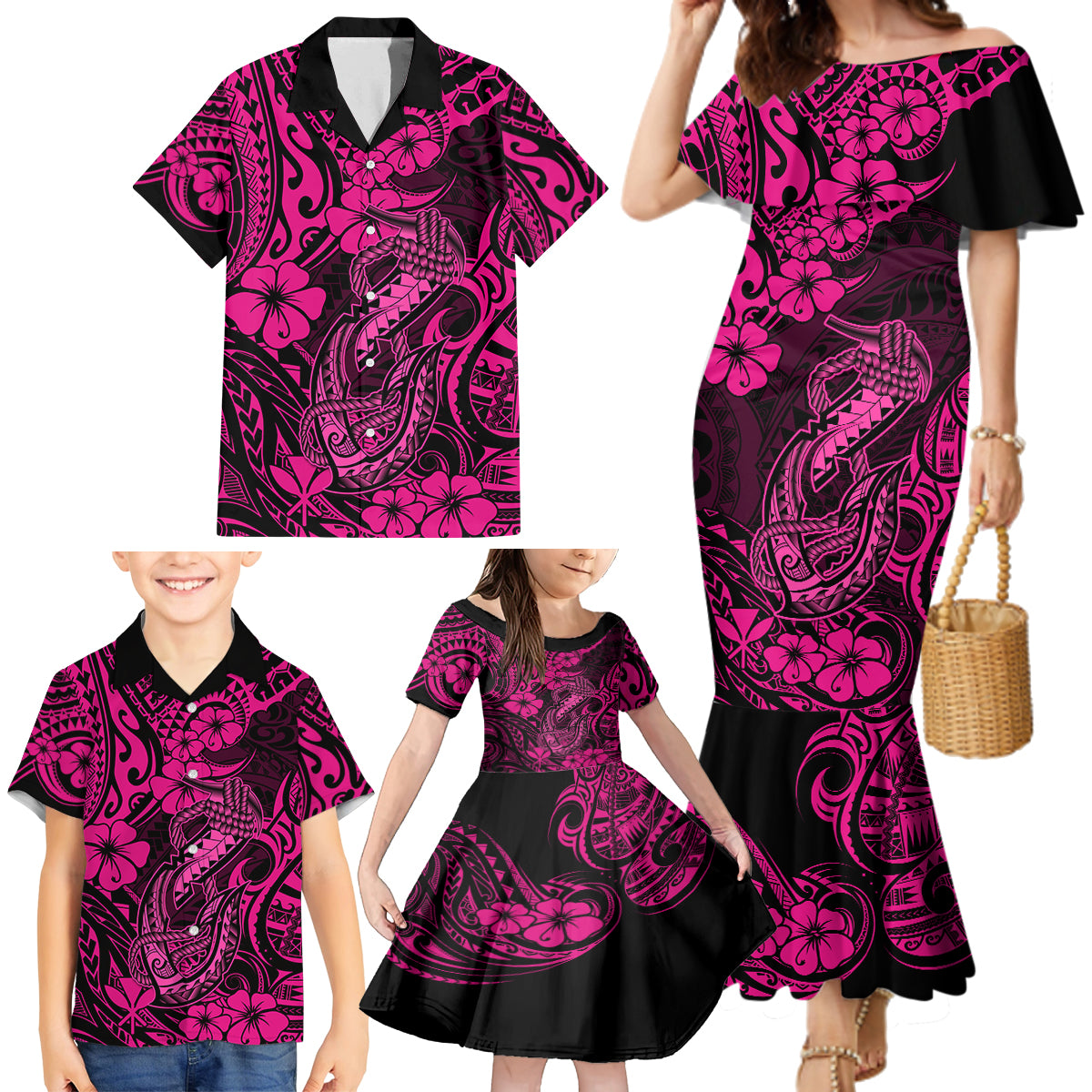 Hawaii Fish Hook Family Matching Mermaid Dress and Hawaiian Shirt Hibiscus Hawaii Tribal Tattoo Pink Version LT01 - Polynesian Pride