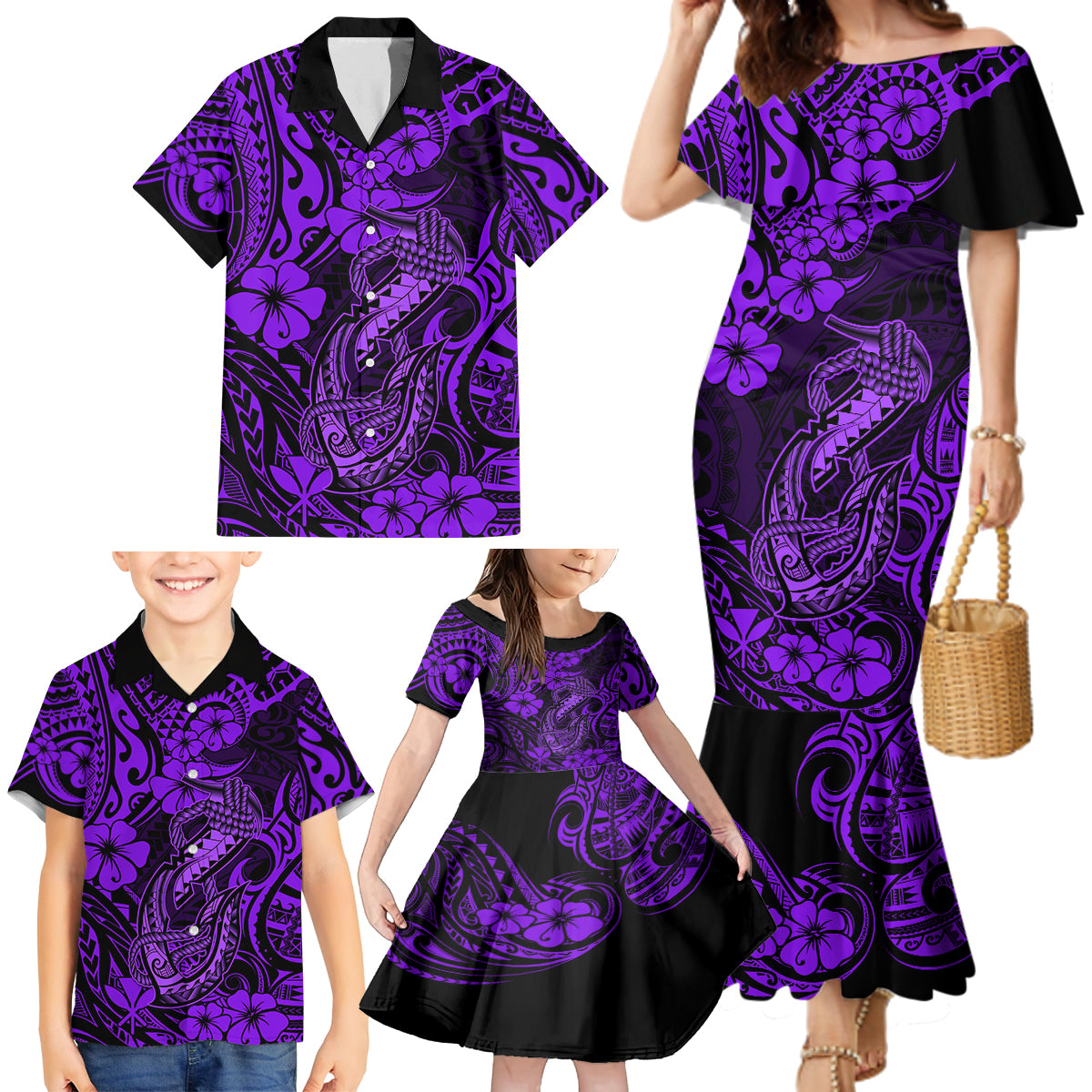 Hawaii Fish Hook Family Matching Mermaid Dress and Hawaiian Shirt Hibiscus Hawaii Tribal Tattoo Purple Version LT01 - Polynesian Pride