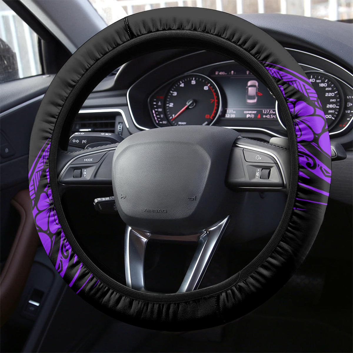 Hawaii Fish Hook Steering Wheel Cover Hibiscus Hawaii Tribal Tattoo Purple Version LT01 - Polynesian Pride