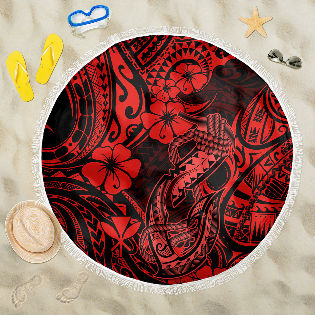 Hawaii Fish Hook Beach Blanket Hibiscus Hawaii Tribal Tattoo Red Version LT01 One Size 150cm Red - Wonder Print Shop