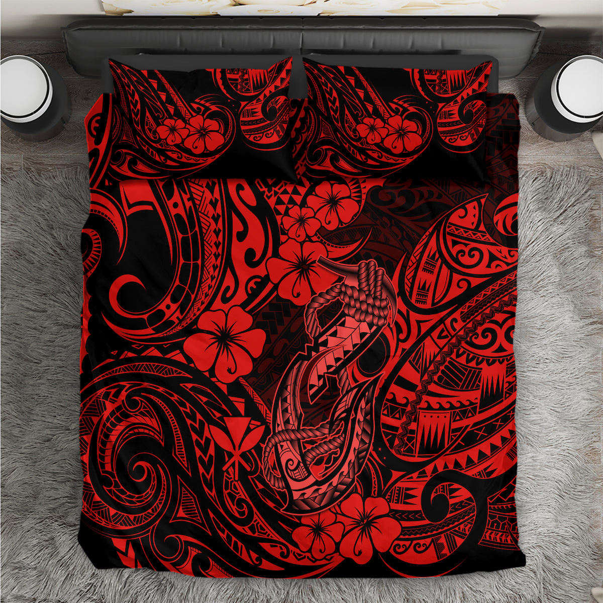 Hawaii Fish Hook Bedding Set Hibiscus Hawaii Tribal Tattoo Red Version LT01 Red - Polynesian Pride