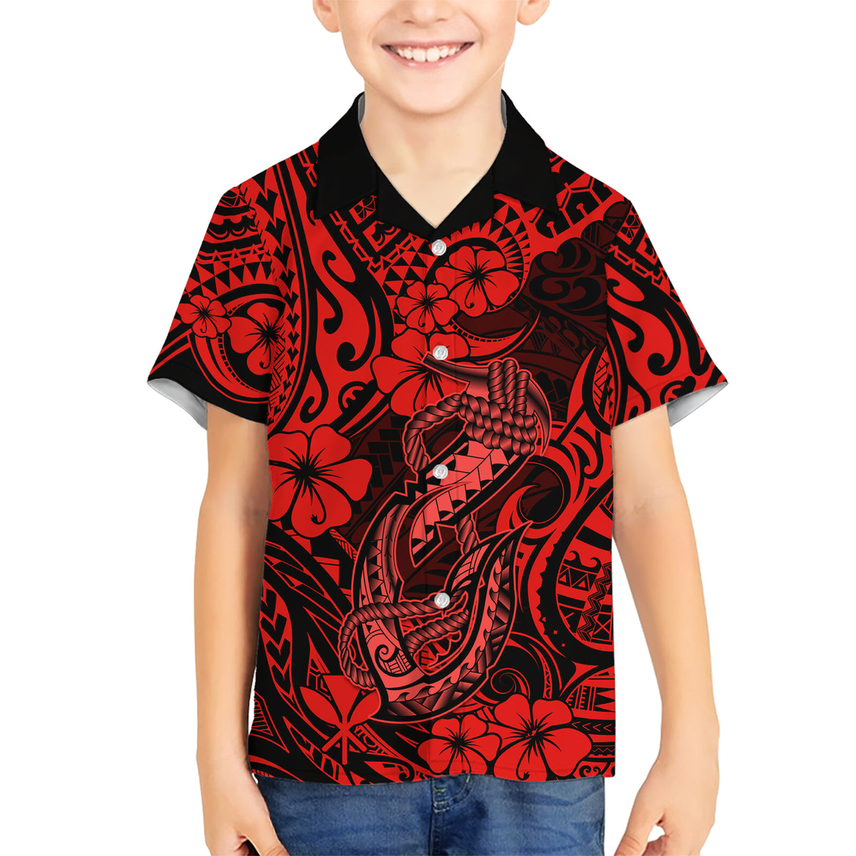 Hawaii Fish Hook Kid Hawaiian Shirt Hibiscus Hawaii Tribal Tattoo Red Version LT01 Kid Red - Polynesian Pride