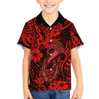 Hawaii Fish Hook Kid Hawaiian Shirt Hibiscus Hawaii Tribal Tattoo Red Version LT01 Kid Red - Polynesian Pride