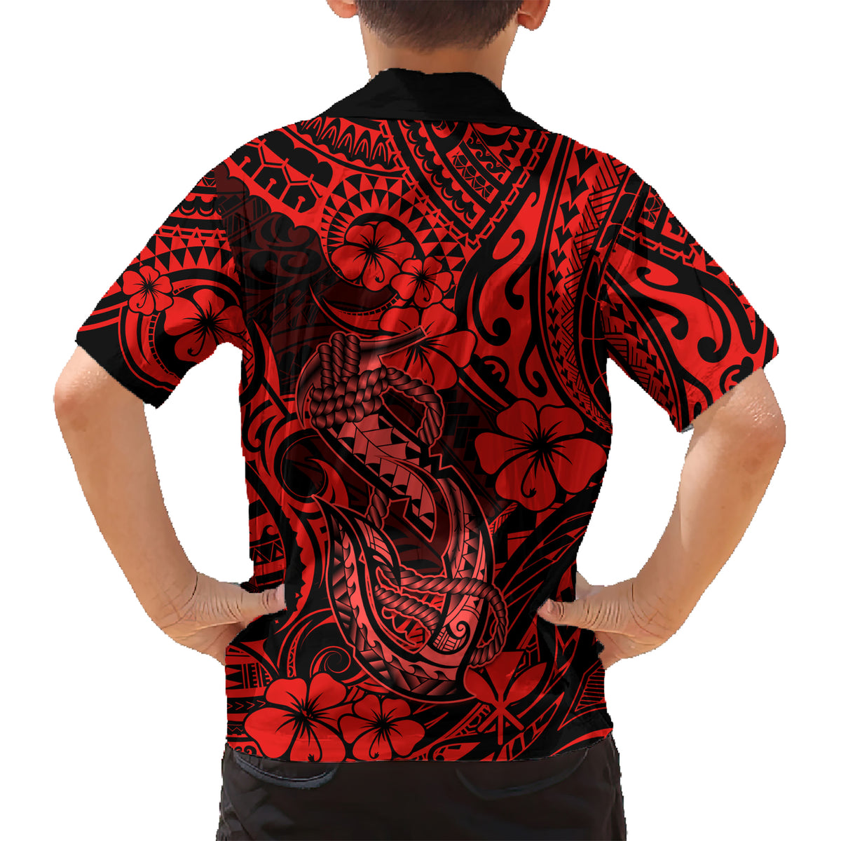 Hawaii Fish Hook Kid Hawaiian Shirt Hibiscus Hawaii Tribal Tattoo Red Version LT01 - Polynesian Pride