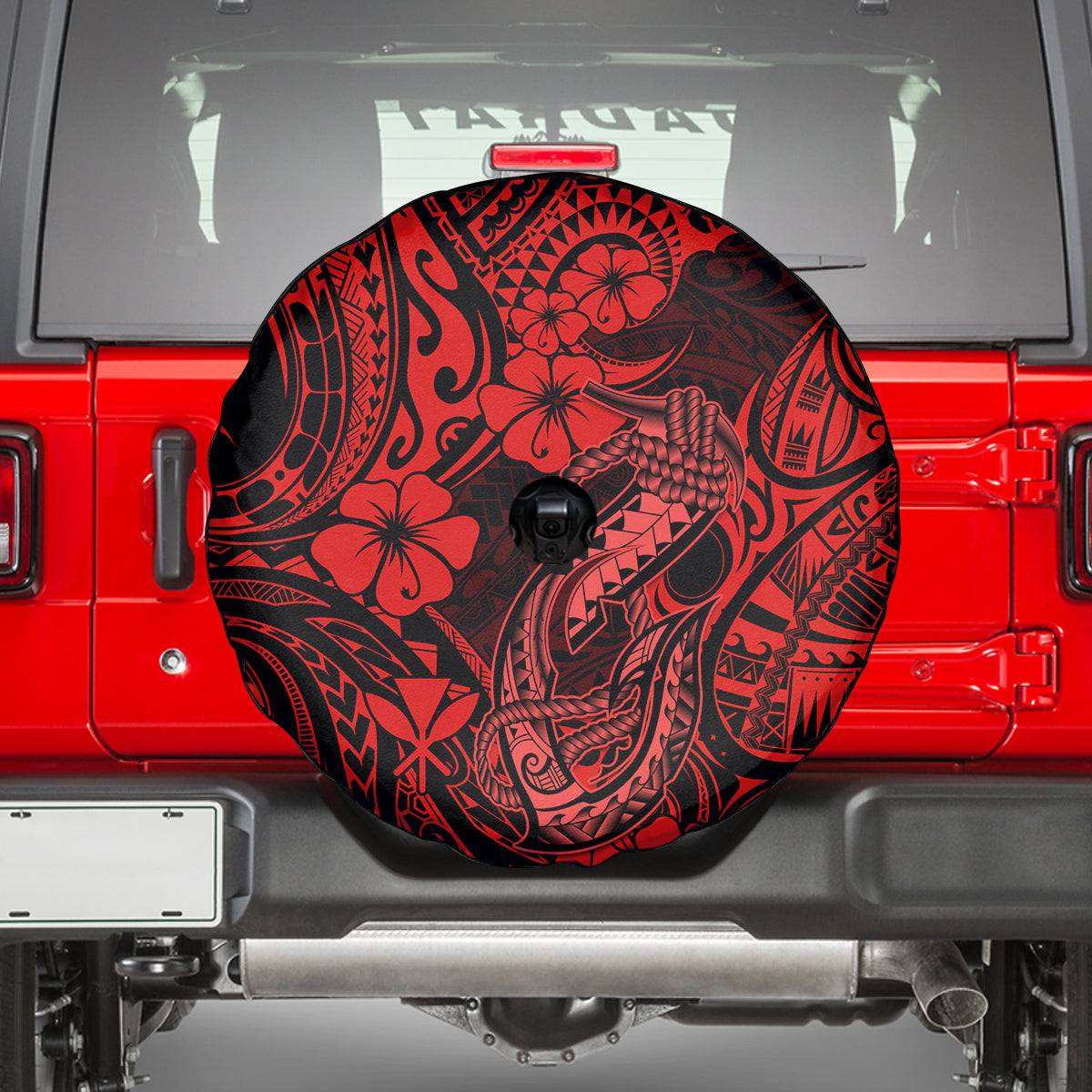 Hawaii Fish Hook Spare Tire Cover Hibiscus Hawaii Tribal Tattoo Red Version LT01 - Polynesian Pride