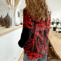 Hawaii Fish Hook Women Casual Shirt Hibiscus Hawaii Tribal Tattoo Red Version LT01 - Polynesian Pride