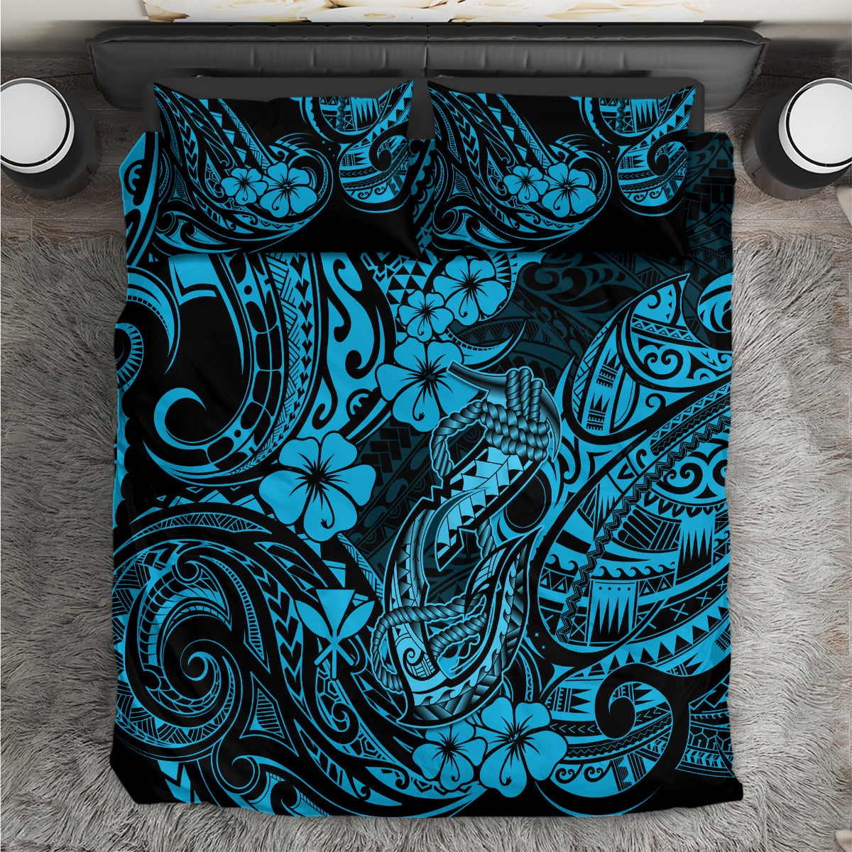 Hawaii Fish Hook Bedding Set Hibiscus Hawaii Tribal Tattoo Sky Blue Version LT01 Blue - Polynesian Pride