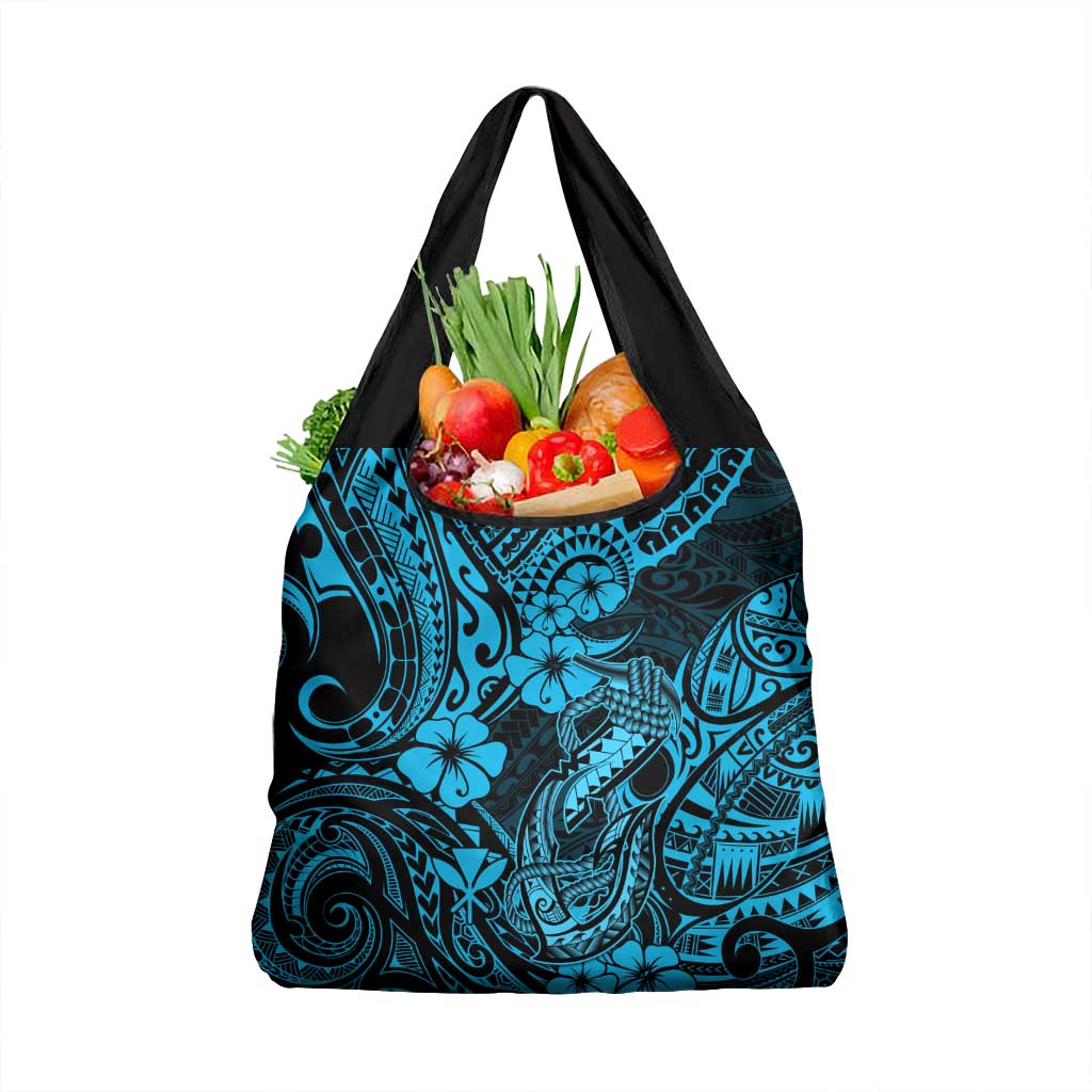 Hawaii Fish Hook Grocery Bag Hibiscus Hawaii Tribal Tattoo Sky Blue Version LT01 1-pack One Size Blue - Polynesian Pride