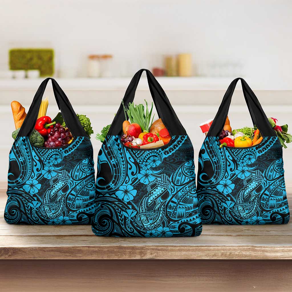 Hawaii Fish Hook Grocery Bag Hibiscus Hawaii Tribal Tattoo Sky Blue Version LT01 3-pack One Size Blue - Polynesian Pride