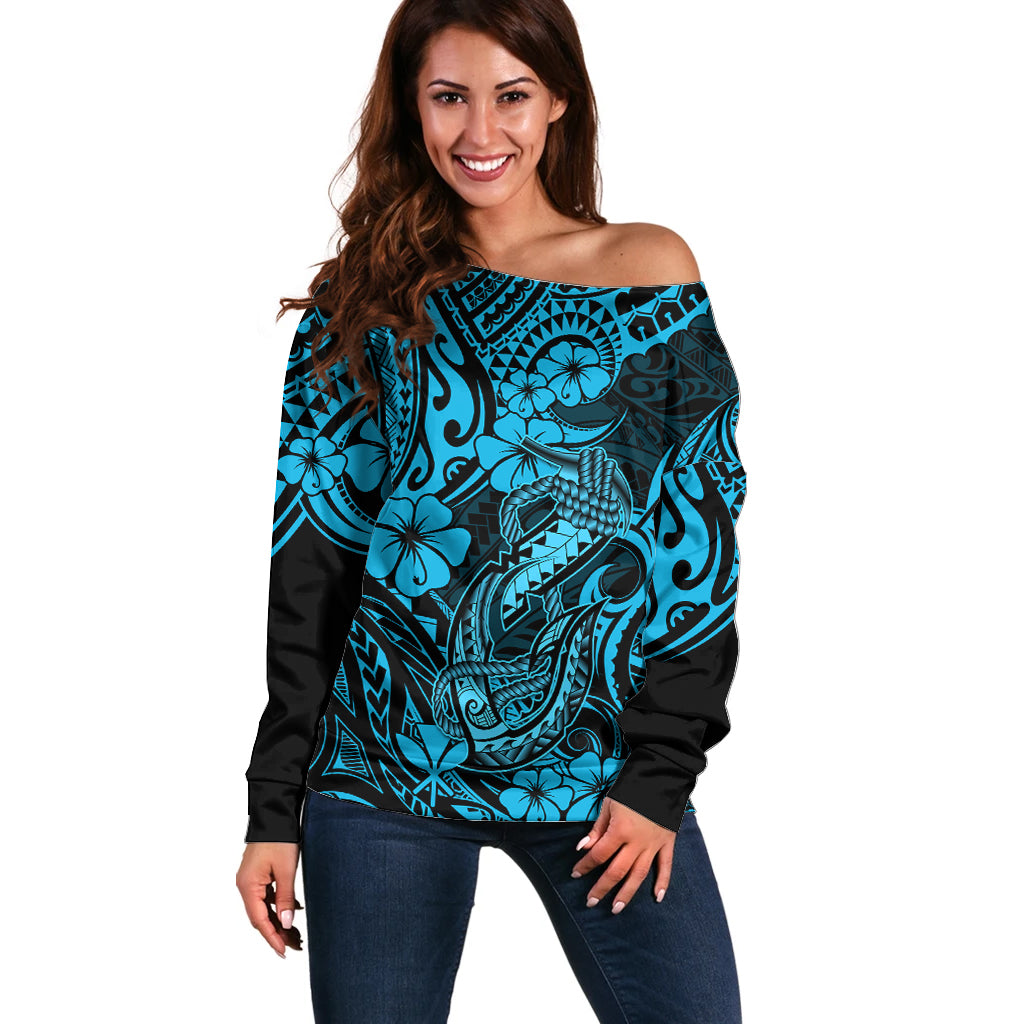 Hawaii Fish Hook Off Shoulder Sweater Hibiscus Hawaii Tribal Tattoo Sky Blue Version LT01 Women Blue - Polynesian Pride