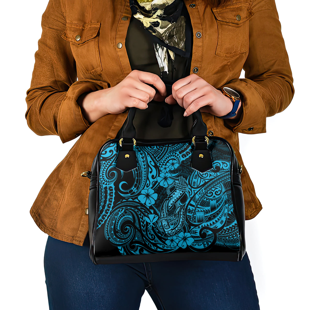 Hawaii Fish Hook Shoulder Handbag Hibiscus Hawaii Tribal Tattoo Sky Blue Version LT01 - Polynesian Pride