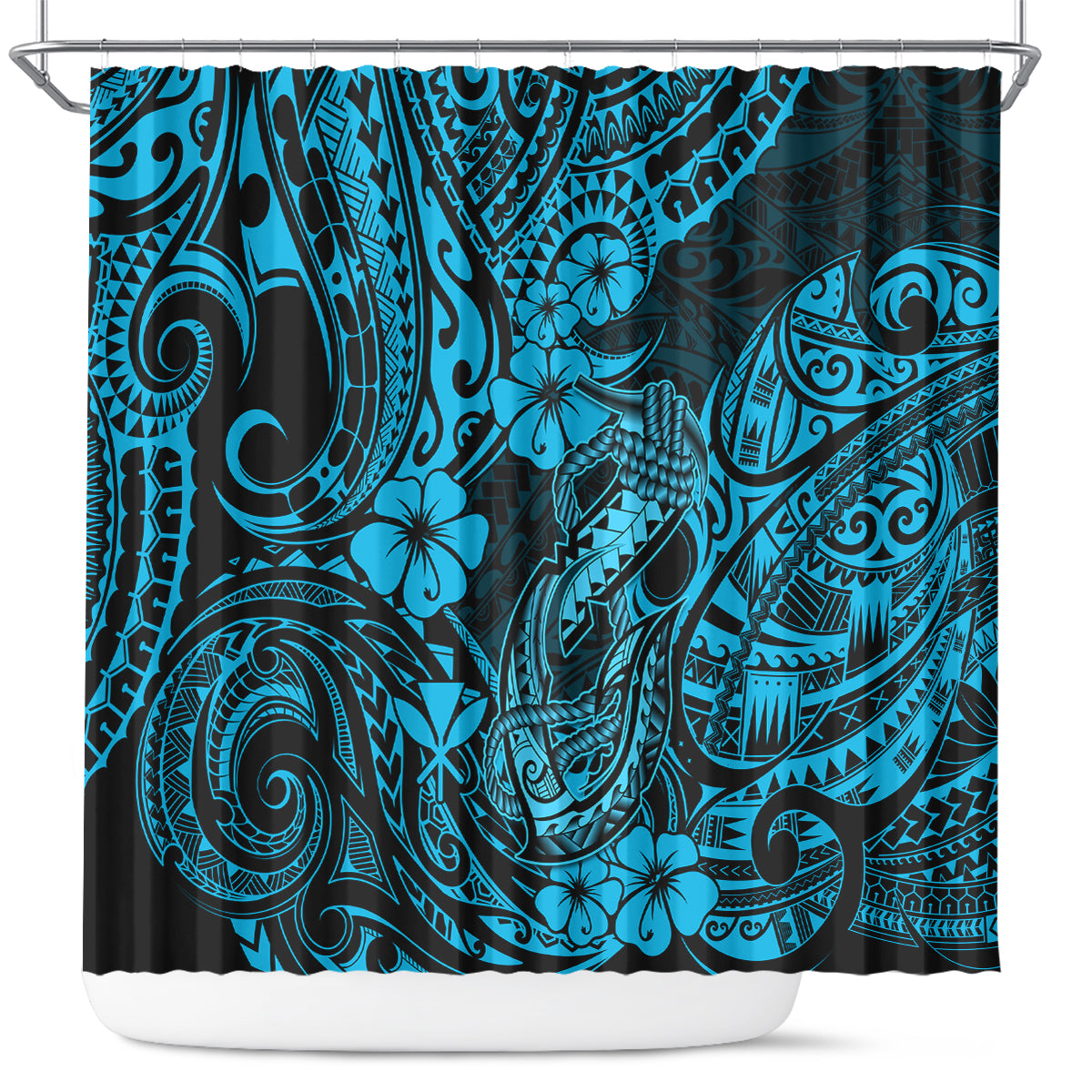 Hawaii Fish Hook Shower Curtain Hibiscus Hawaii Tribal Tattoo Sky Blue Version LT01 Blue - Polynesian Pride