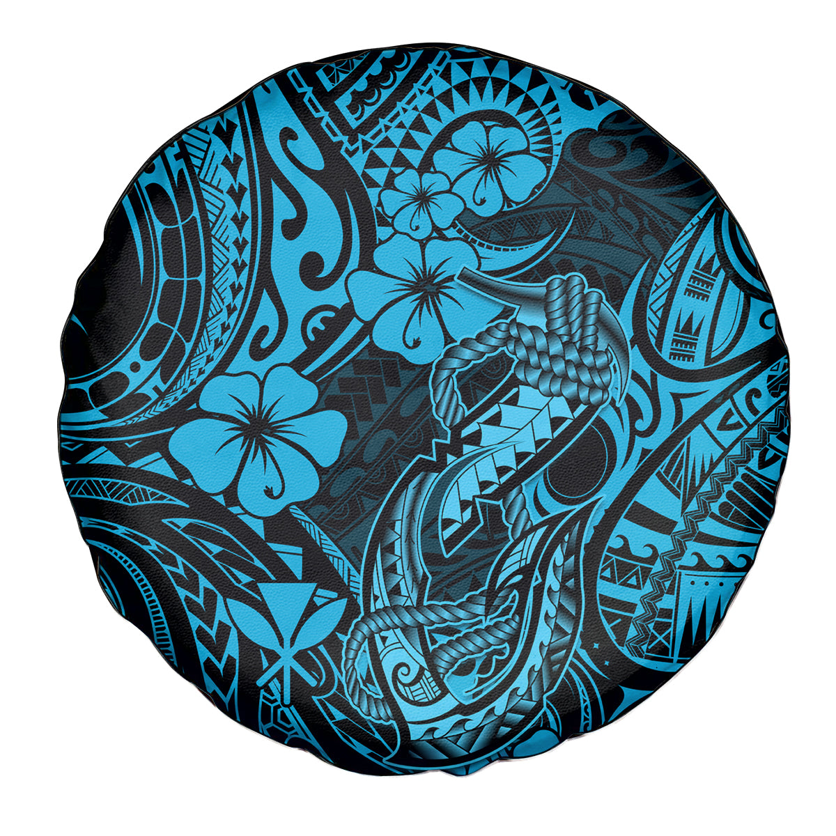 Hawaii Fish Hook Spare Tire Cover Hibiscus Hawaii Tribal Tattoo Sky Blue Version LT01 Blue - Polynesian Pride